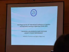 Slide announcing the CELDA 2026 best paper: “Validating LLM-Generated Exam Questions Against Student Performance” by Hafsteinn Einarsson and Sigrún Helga Lund.