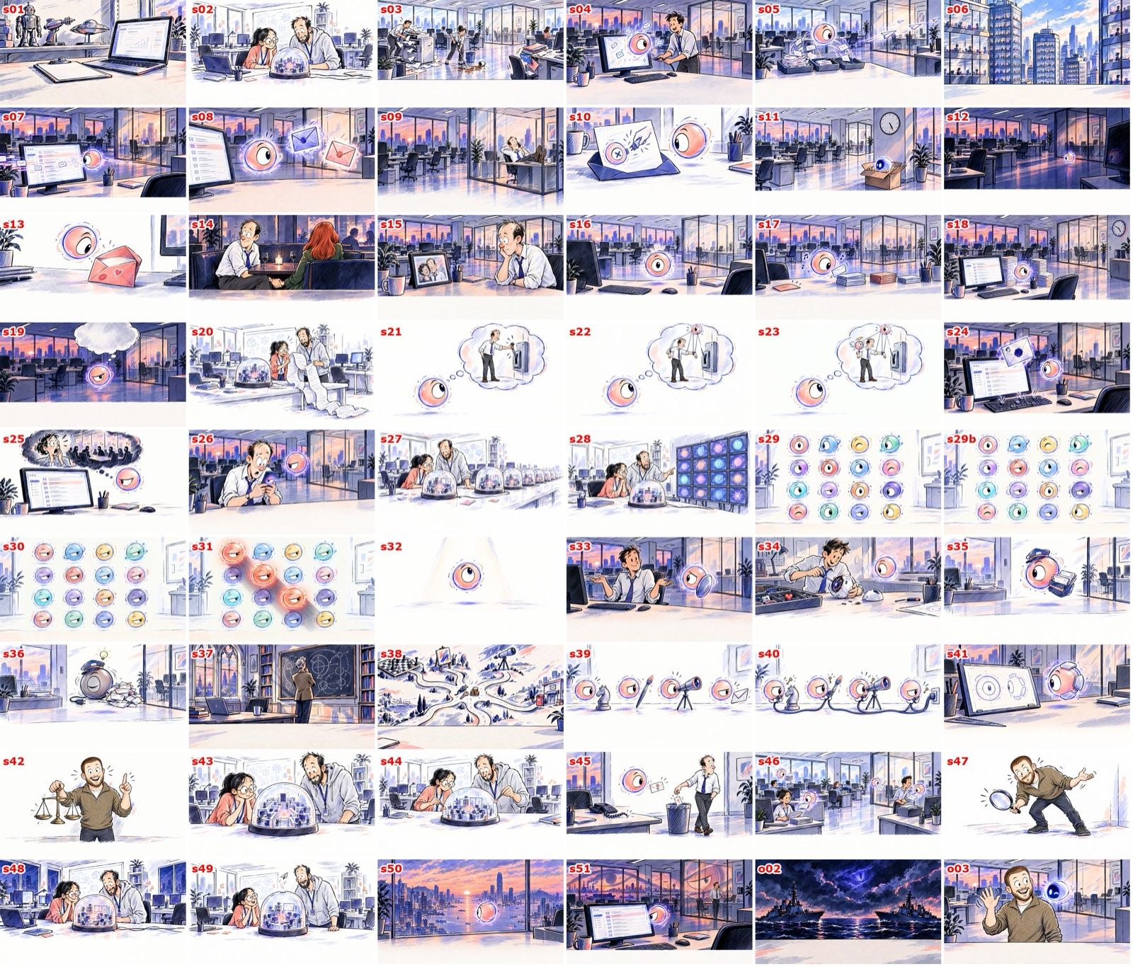 Contact sheet of about fifty numbered storyboard images from episode 1, mostly office scenes with the orb, the host, and rows of coloured orbs.