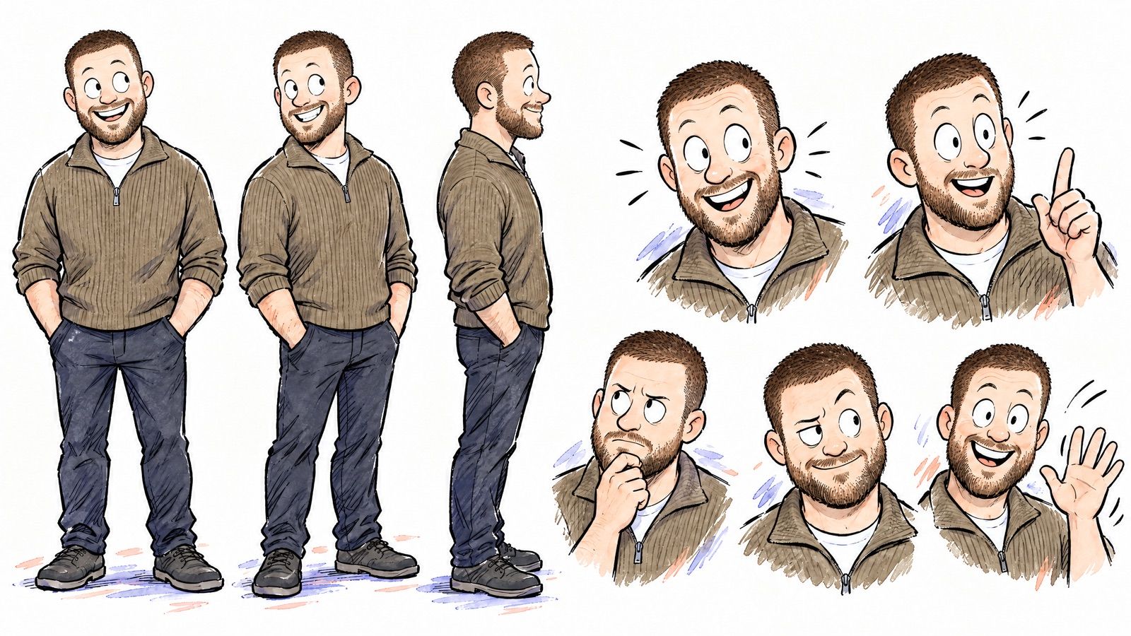 Character sheet of a cartoon Hafsteinn: three full-body turnarounds in an olive sweater and five head studies with different expressions.