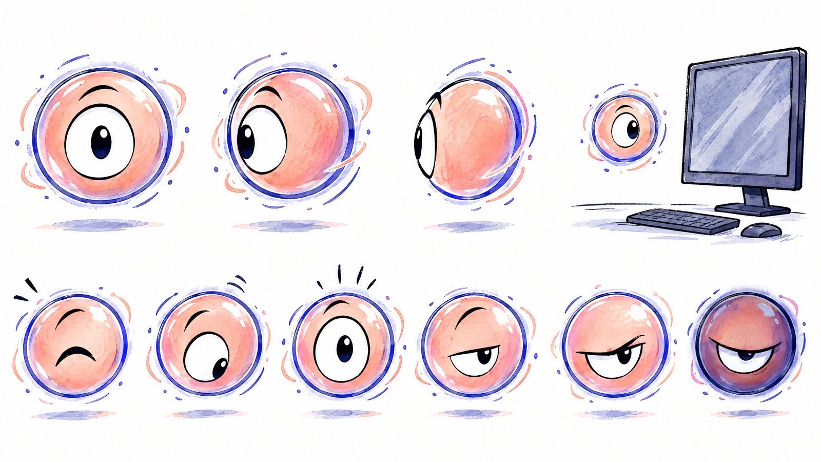 Character sheet of a floating coral-coloured orb with a single large cartoon eye, shown from several angles and with expressions ranging from curious to scheming.