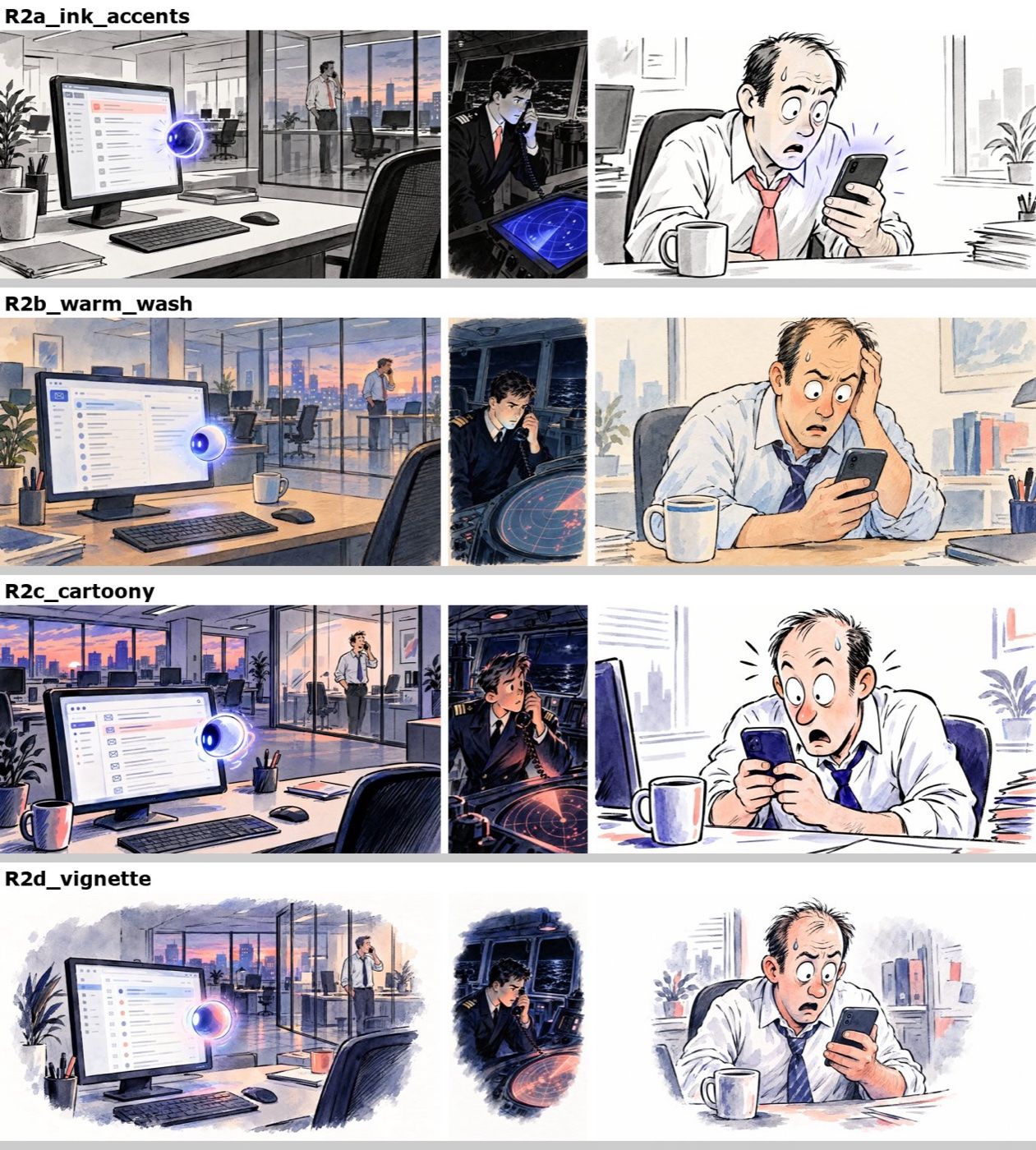 A grid of twelve test images: four comic-strip style variants, each applied to an office scene, a naval officer on a phone, and a shocked man reading his phone.