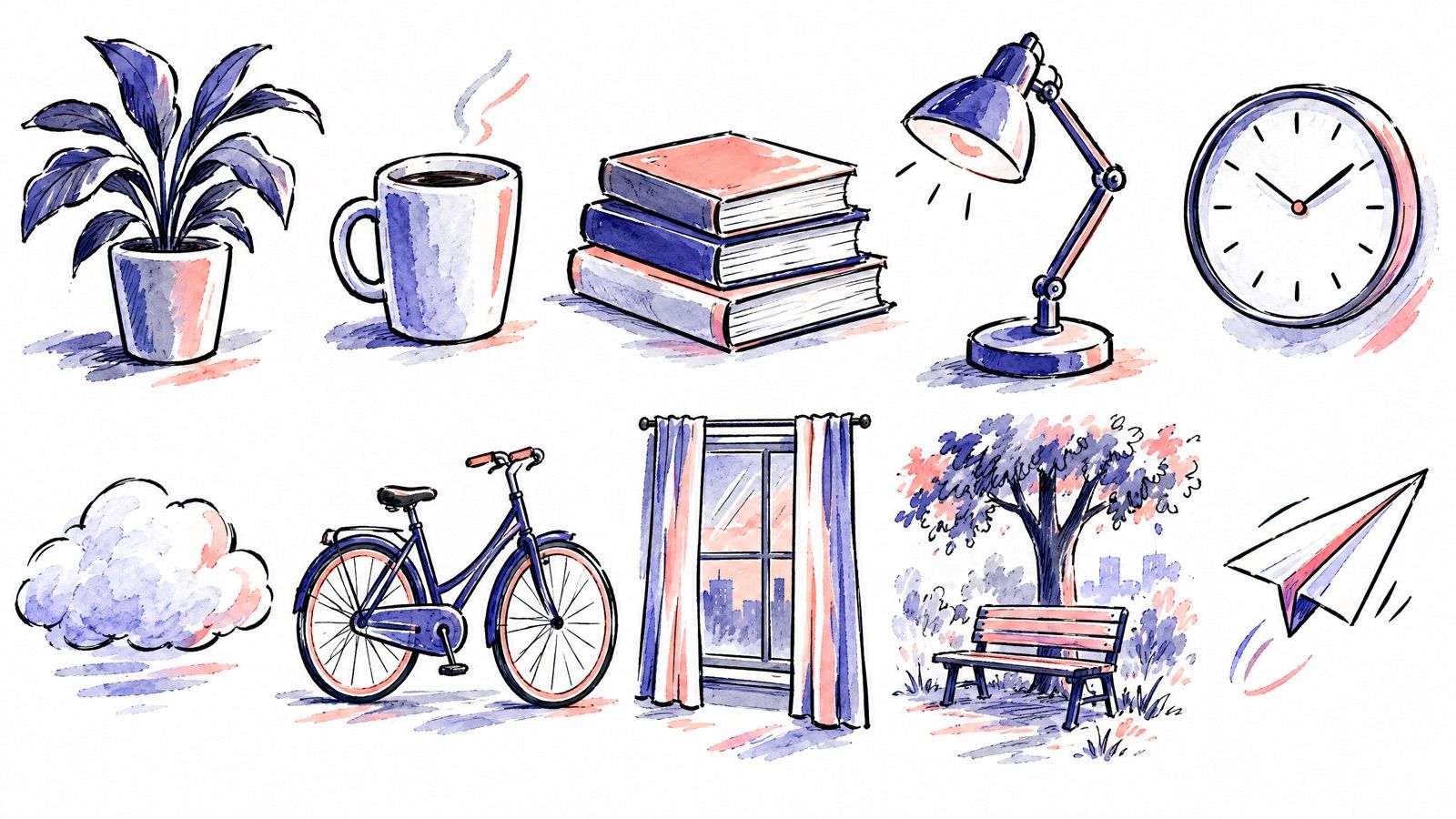 A sheet of everyday objects drawn in the series style: a potted plant, a coffee mug, books, a desk lamp, a clock, a cloud, a bicycle, a window, a park bench and a paper plane.